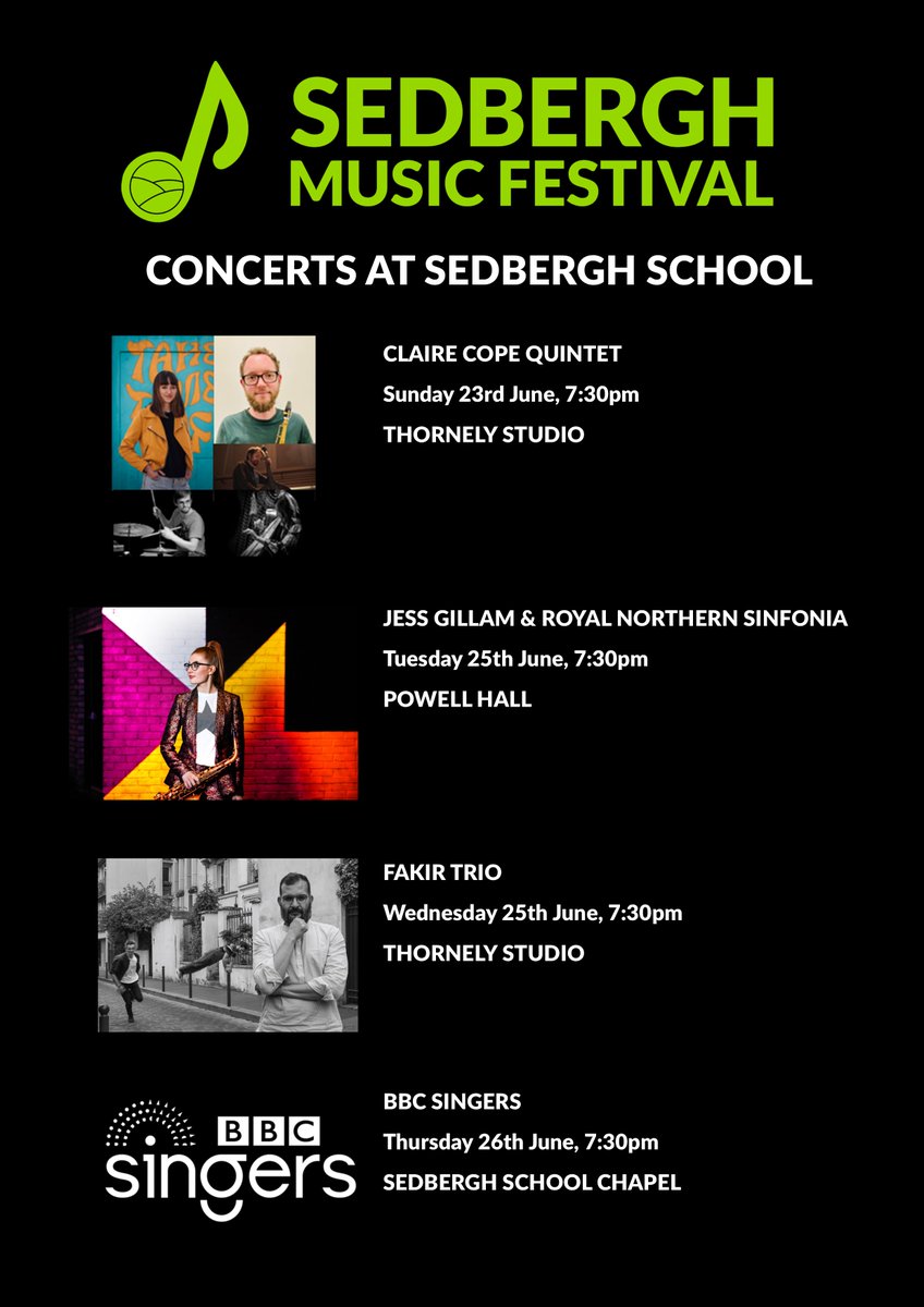 We're beyond excited about hosting four of the Sedbergh Music Festival 2024 concerts next month. A simply incredible line-up! @ClaireECope <a href="/JessGillamSax/">Jess Gillam</a> <a href="/RNSinfonia/">Royal Northern Sinfonia</a> <a href="/BBCSingers/">BBC Singers</a> 
Tickets for these and all other festival concerts are available from sedberghmusicfestival.com