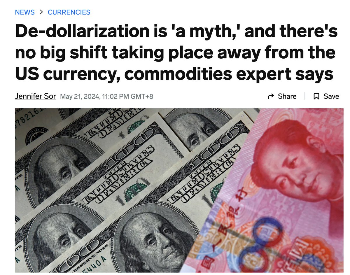 #DEDOLLARIZATION DAILY: De-dollarization is 'a myth,' and there's no big shift taking place away from the US currency, commodities expert says A myth? 1) A fifth of global oil trade this year was settled in currencies different from the U.S. dollar as countries such as Russia