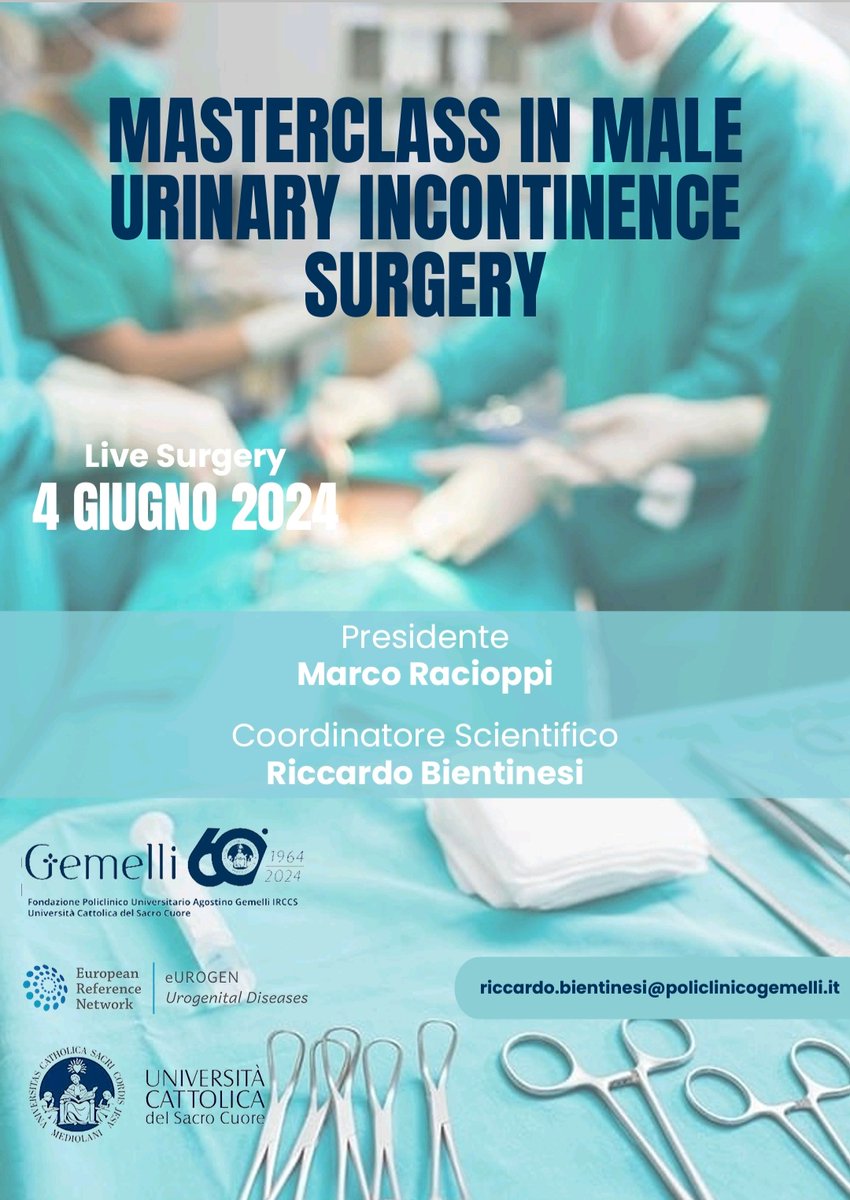 A Masterclass in Male Urinary Incontinence Surgery will be held on 4 June 2024 by ERN eUROGEN's healthcare provider full member, Fondazione Policlinico Universitario Agostino Gemelli IRCCS, Rome (IT). For more information, please email: riccardo.bientinesi@policlinicogemelli.it