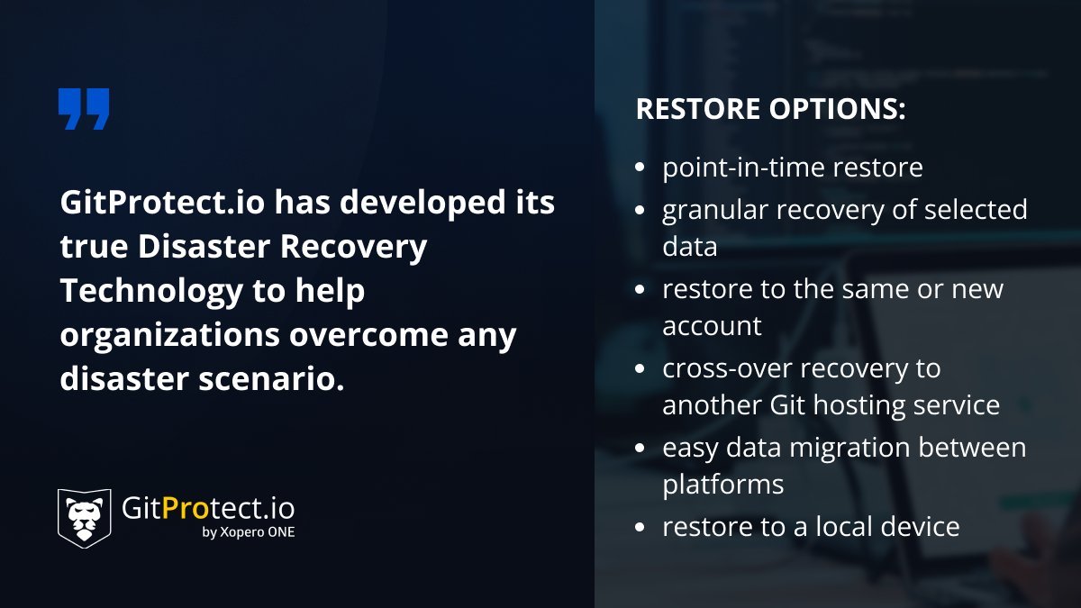 GitProtectio's tweet image. 💡 Disaster Recovery is a crucial aspect of business operations. It ensures data protection &amp;amp; helps to follow regulatory and #compliance requirements.  

Check how #GitProtect helps companies minimize downtime &amp;amp; ensure #business continuity 🚀
gitprotect.io/features/data-…

#backup