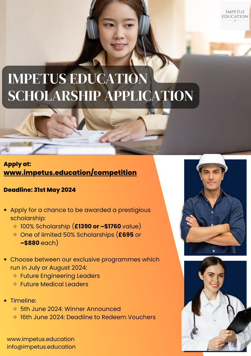 Impetus_edu's tweet photo. Interested in a future in Engineering or Medicine? Apply by the 31st of May for a chance to win a scholarship to the Future Engineering Leaders or Future Medical Leaders programme! https://t.co/JMFjGRGIB7
#elearning #edtech #highschool #eduleaders https://t.co/hNdGq9djED