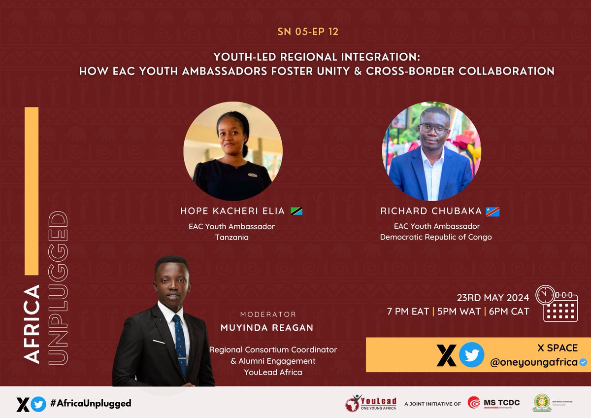 📢This week on #AfricaUnplugged We dive into this question, how do EAC youth ambassadors (@EAC_yap) foster Cross Border collaboration? 📅 Thursday 23rd May ⏰ 7pm EAT Join us on X SPACES THIS THURSDAY for an empowering discussion! 🚀 📣Tag a friend!! @ReaganMwebaze0