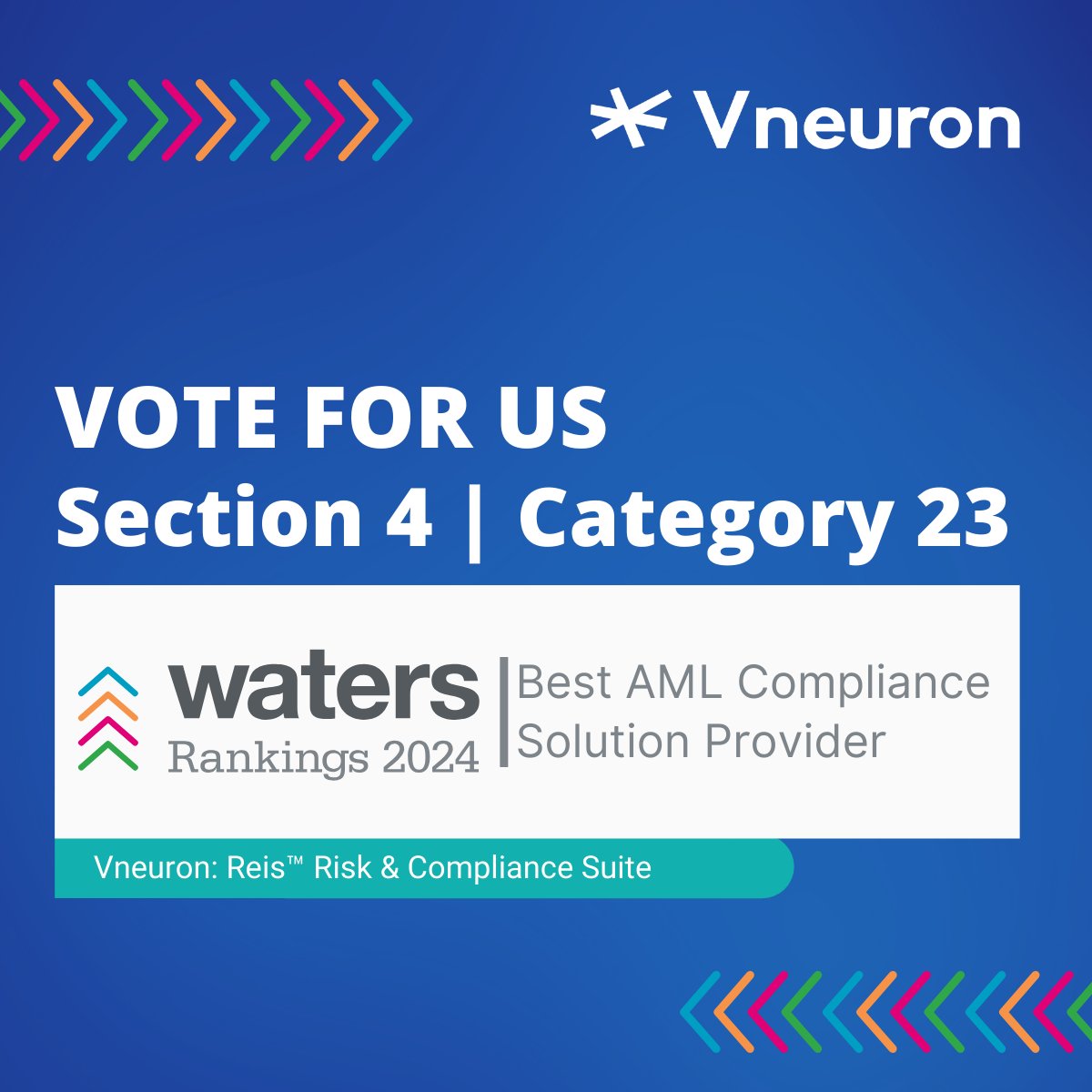 We’re thrilled to announce that Vneuron has been shortlisted for the Waters Rankings 2024! Your vote could help us reach the finals.

Please take a minute to vote for Vneuron in section 4:  Category 23: Best AML Compliance Solution Provider: survey.alchemer.eu/s3/90712073/Wa…

Many Thanks!