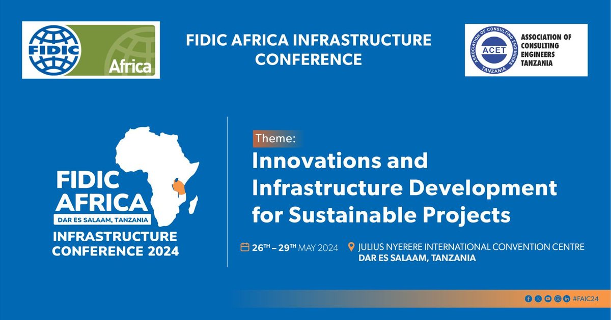 Join #FAIC24 discussion on "Innovations &amp; Infrastructure Development for Sustainable Projects," from May 26th to May 29th, 2024, at the Julius Nyerere International Convention Centre in Dar es Salaam, Tanzania. 🇹🇿.  #engineering #Infrastructure #engineers faic.or.tz/about/