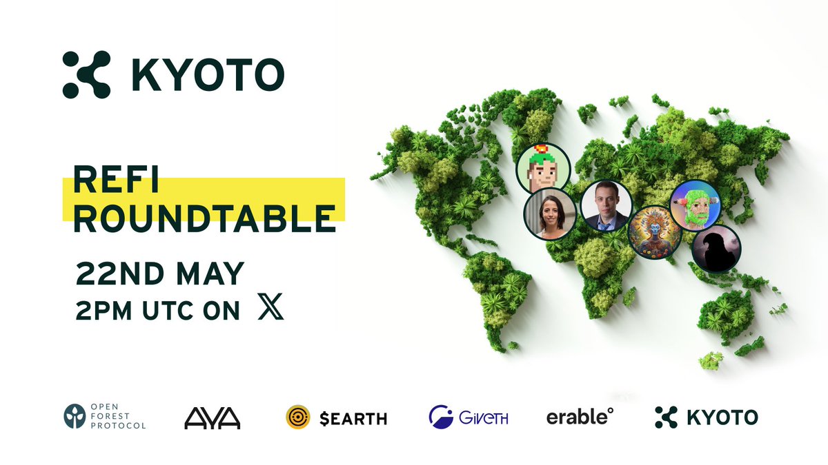 🔊 Tune in TODAY for the 2nd $KYOTO #ReFiRoundtable 🔥 🌱Hear from #ReFi innovators @erableofficial @foundation_aya @solarpunkdao @openforest_ @giveth 🙌 Don't miss it!👇 x.com/i/spaces/1vAxR… #KyotoBlockchain #Spaces