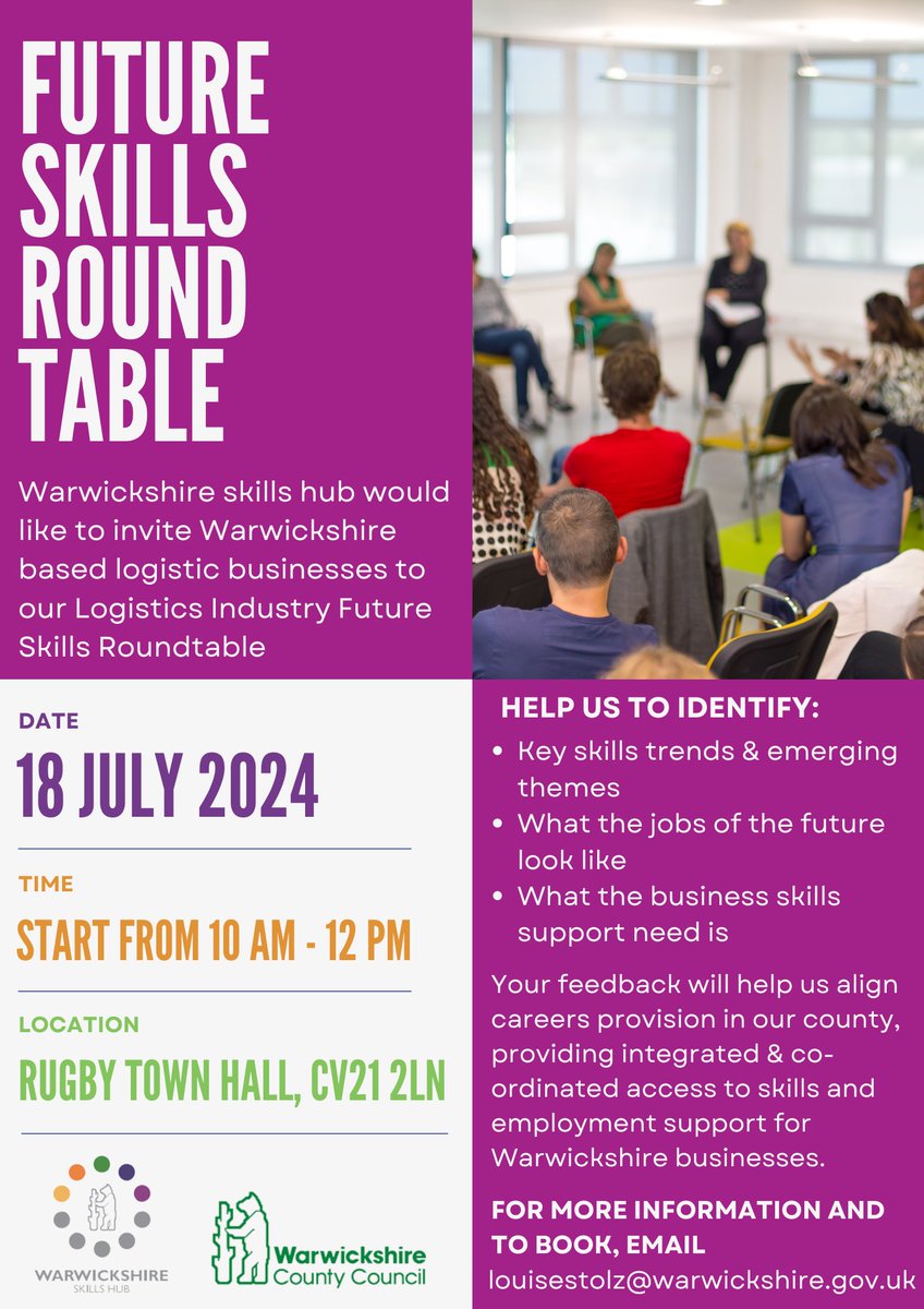 Warwickshire skills hub would like to invite Warwickshire based logistic businesses to our Logistics Industry Future Skills Roundtable on the 18th July. 

To book a space please contact our Business Skills Advisor below.

We look forward to seeing you there!
<a href="/Warwickshire_CC/">Warwickshire County Council</a>