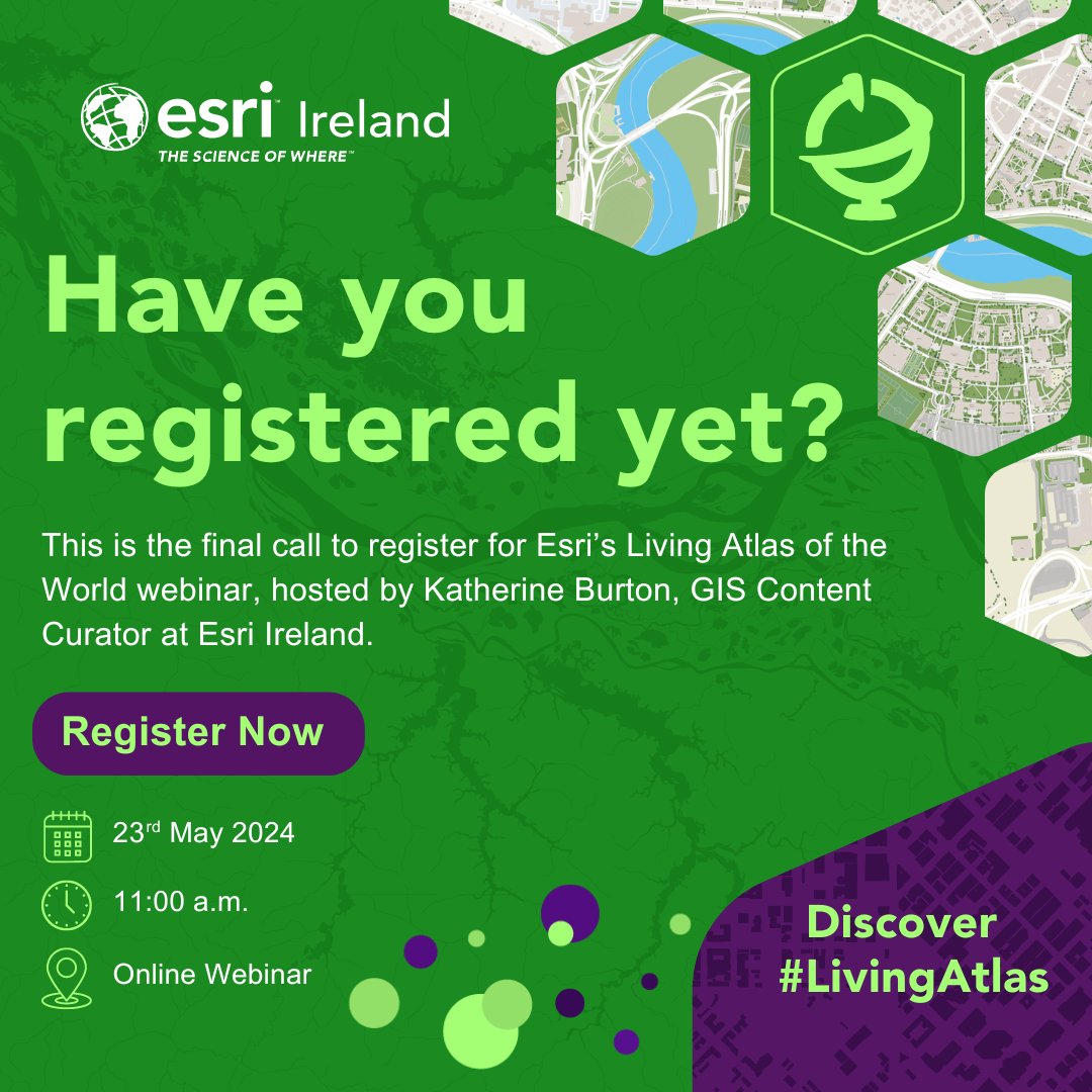 Last chance to register for the Esri Living Atlas of the World webinar on Thursday, 23rd May 2024: esri.social/cFRI50RQFpl Gain a comprehensive understanding of the ready-to-use geographic information and datasets, and learn how to seamlessly share data with global audiences.🗺️📊