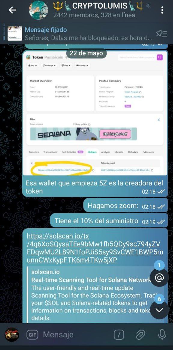 CryptoEstigma's tweet photo. 🚨𝗥𝗨𝗚/𝗘𝗦𝗧𝗔𝗙𝗔 𝗦𝗜𝗟𝗘𝗡𝗖𝗜𝗢𝗦𝗔 𝗘𝗡 𝗟𝗔 𝗠𝗘𝗠𝗘𝗖𝗢𝗜𝗡 𝗗𝗘 @DalasReview , 𝗟𝗟𝗔𝗠𝗔𝗗𝗔 $PAMBI

- Como venía diciendo, @DalasReview ha construido un relato humilde y silencioso para hacer creer a sus seguidores que el suministro de memecoin está descentralizado y el no posee tokens comprados.

https://t.co/5SIibkpMMJ

-Fuí el primero en destapar su estafa:

Por supuesto, me ha bloqueado. Bien. Vamos al grano. Voy a demostrar como @DalasReview está robando a sus seguidores. Por supuesto y después de leer este post, ellos seguirán amando a su líder como aquel pobre obrero analfabeto que sigue votando socialismo.

- Creación del token. Aquí podéis ver como la wallet que comienza por 5Z crea el token. 1M de tokens:

https://t.co/5LG6hOf3T4

- Mete 900k en la pool de liquidez. Los 100 se los queda el. Aqui podéis observar como la wallet "5z" introduce la liquidez:

https://t.co/GMNBLjviZW

- Holders de PAMBI: Aquí se observa como dicha wallet, la Z5, tiene el 10% del suministro correspondiente a esos 100k tokens:

https://t.co/HQdIviSG6U

Añádele a esto los tokens que Dalas ha comprado previamente y que la liquidez no está bloqueada. Aquí @CryptoGanster lo demuestra en su hilo. También avisé de esto anoche en mi grupo público:

https://t.co/EeChvSVzTf

Por supuesto, el dumpeo o corrección que se está dando ahora con $PAMBI, se está produciendo por las ventas/robo de Dalas. El conocomiento me empujó a vender antes del suceso. Por eso es importante entender como funcionan las tripas del mercado mas salvaje de la historia. Estudia para ello y se de los pocos que ganen en un mercado donde el 95% de los inversores acabará perdiendo.

(Como X no deja subir mas imágenes en el mismo post, la subo en un comentario enlazado a este post, abajo del todo).  Solo es una muestra de como, siendo frio y teniendo conocimientos, no dejándose llevar por el fomo, puedes ganar mucha pasta en crypto. Aunque puedes ahorrártelo si me sigues, claro está. Modestia o falsa humildad a parte. Ya tu saaabe.

 📢-Dicho esto, termino y aprovecho para promocionar mi próximo memecoin:

https://t.co/Xc3hz2MVXj

Por supuesto, este si será descentralizado y el equipo estará compuesta por MI COMUNIDAD, la cual lleva conmigo más de 4 años llenos de aciertos y sabiduría en el mercado.

❤️Si te ha gustado este post, dame like, retweet y comenta. Próximamente nuevo hilo actualizando la novela de Dalas y mis próximas criptos potenciales.

🗽