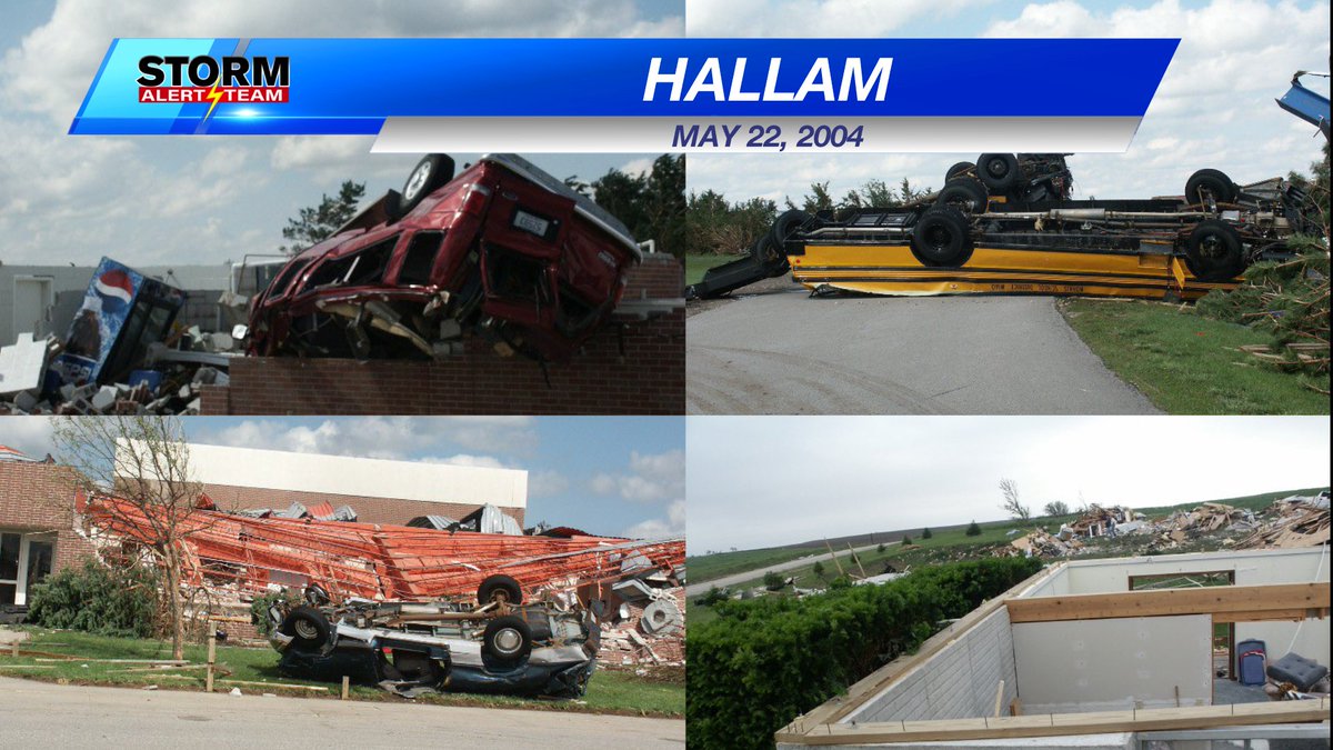 JessicaBlumWx's tweet photo. Remembering Hallam, 20 years later - May 22, 2004.

On this day, an F4 tornado ruined many lives in Hallam, Nebraska. It was the widest tornado in U.S. history (2.5 miles) until El Reno in 2013. One life was lost, with 38 injured. 5 counties were declared national disaster areas. https://t.co/rDrTVwsEgs