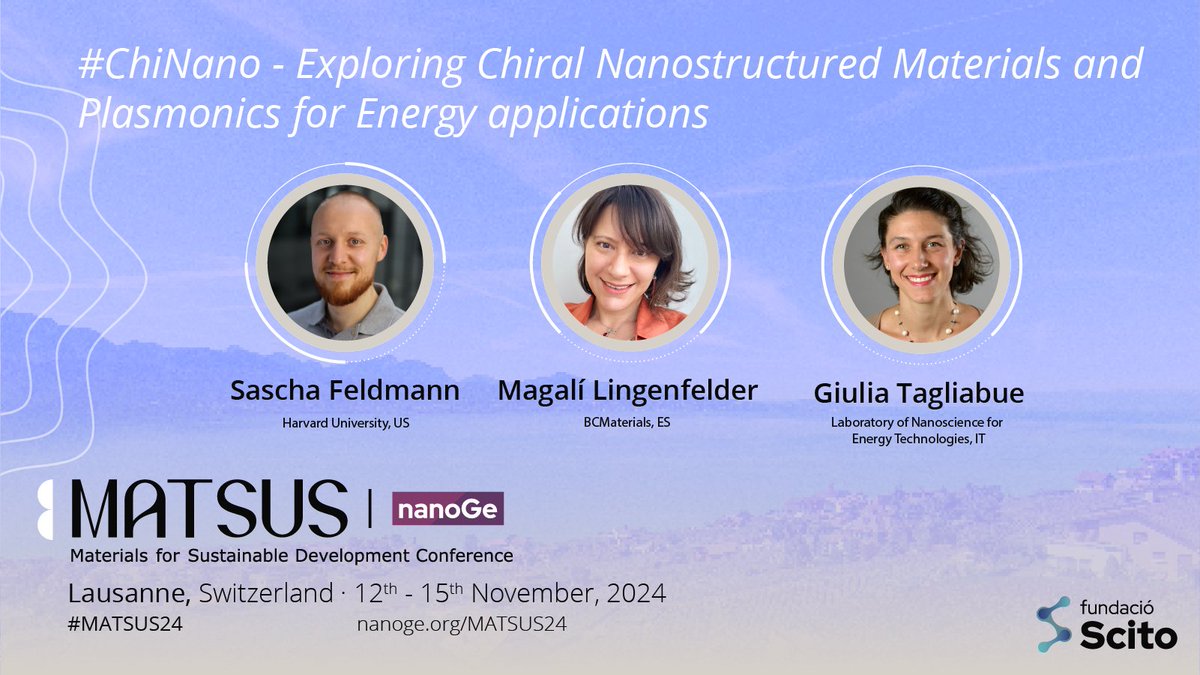 🟣Delve into organic and inorganic nanostructured materials that enhance light-matter coupling to control charge and photochemical processes at #MATSUS24 @nanoGe_Conf

📍Lausanne, Switzerland
🗓️12th-15th November 2024

🔗Submit your oral abstract here: nanoge.org/MATSUSFall24/h…