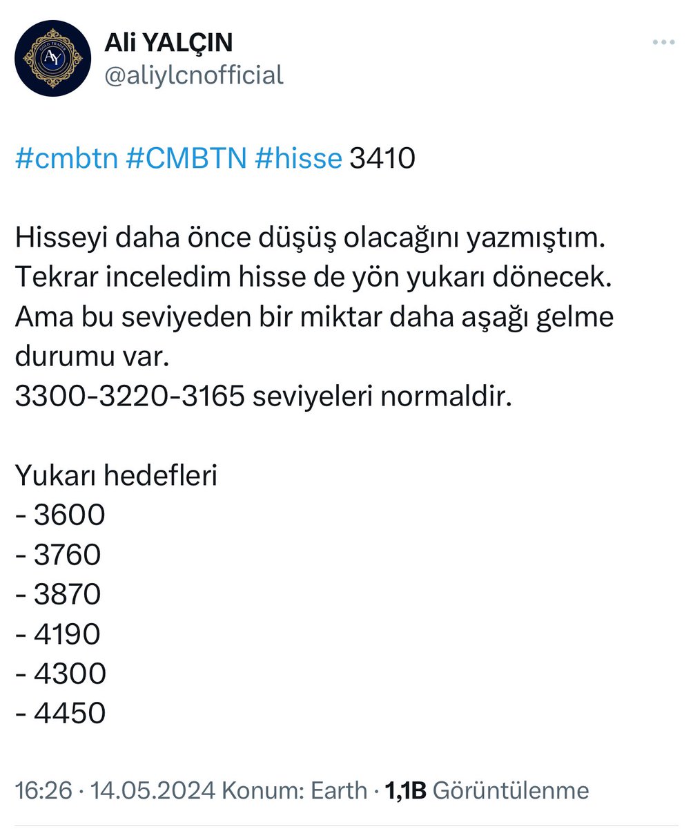 @ofegin #cmbtn 21 Nisan düşüş dedim. 14 Mayıs yükselecek dedim. Dediğim tüm seviyelere düşüp yükselecek yazdıktan sonra bugün tavan yapması sizce tesadüf mü ??? Lütfen ikisini de inceleyin ❗️❗️❗️