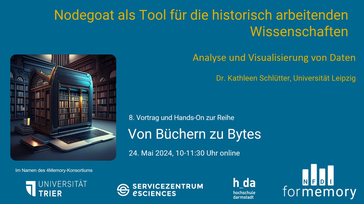 NFDI4memory's tweet photo. Am Freitag bei "From Books to Bytes":
Kathleen Schlütter gibt Einblicke in Nodegoat als Tool für historische Forschungen.
📅 : 24.05.2024, 10:00-11:30
📍: Virtuell
🌍: https://t.co/dT90a3PTLu
#Nodegoat #Präsentation #DigitalHistory #NFDI4Memory #FromBooksToBytes https://t.co/VFPvsFA6cA