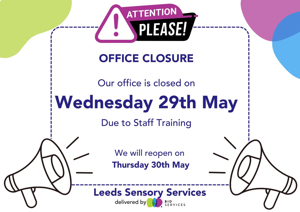 Leeds Sensory Services (@bidleeds) on Twitter photo Unfortunately our office at Gallery House will be closed on Wednesday 29th May due to staff training. We will reopen as normal on Thursday 30th May.
Sorry for the inconvenience. Unfortunately our office at Gallery House will be closed on Wednesday 29th May due to staff training. We will reopen as normal on Thursday 30th May.
Sorry for the inconvenience.