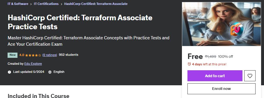 Mock Exam : HashiCorp Certified: Terraform Associate Practice Tests

{grab it before coupon get expired}

udemy.com/course/hashico…