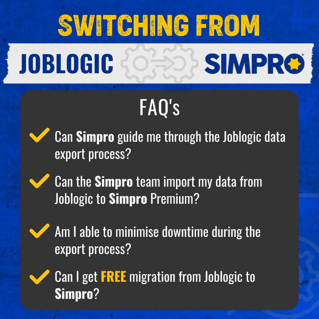 simprosoftware's tweet image. Transitioning from Joblogic to Simpro doesn&apos;t have to feel overwhelming - we do the heavy lifting for you 🏋️. 

🚀 Plus, enjoy a FREE migration when you switch by June 30, 2024 - bit.ly/3QUwGv2

#SimproSoftware #FieldServiceManagement #Joblogic