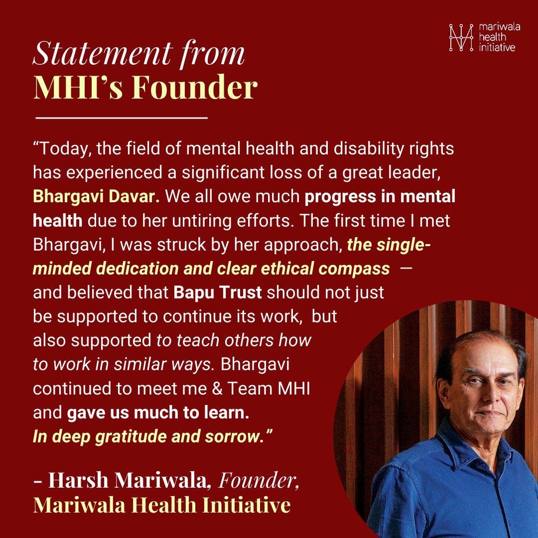 MHI joins mental health movements in India & beyond to mourn the loss of Bhargavi Davar, a dedicated mental health and disability activist. Read a statement of remembrance from our Founder, @hcmariwala >> Rest in Power, Bhargavi ✊🏾 @BapuPune @TCI_Global @koshish_org