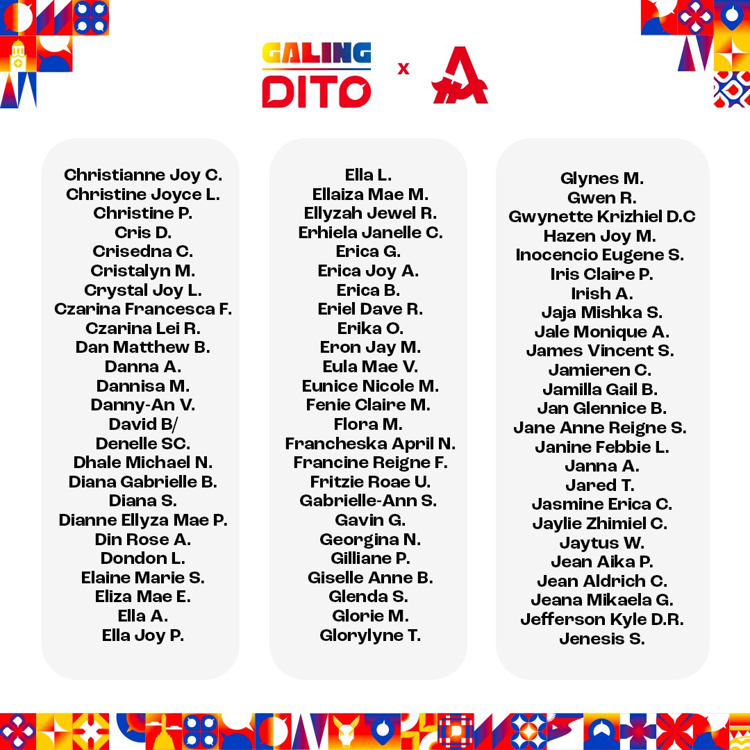 Makakasama ka ba sa Alamat Fan Meet, Magiliw? 🤩 Here are our 300 lucky winners who will meet @Official_ALAMAT for the #DITOTayoMagiliw Fan Meet on May 26, 2024! ❤️💙💛 Thank you all for joining, congratulations, at kita-kits sa Cinema 11, SM Megamall! #DITOxALAMATFanMeet