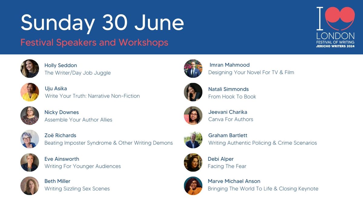 An amazing array of workshops at the Festival of Writing in London - and that's just the ones on the Sunday. 

V pleased to be running my 'sizzling sex scenes' session there 😚 #LFOW24