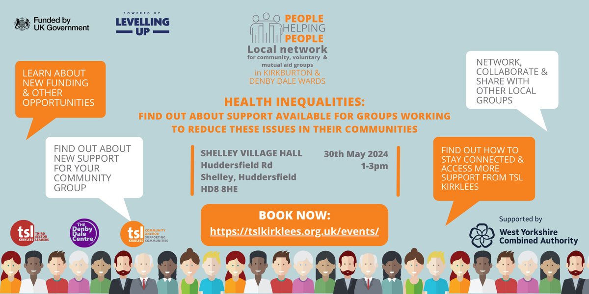 Join us on Thursday, May 30th from 1-3pm at Shelley Village Hall, HD8 to find out about support for groups working to reduce health inequalities in HD8 & rural Kirklees. Register at eventbrite.co.uk/e/people-helpi… to let us know you're coming.