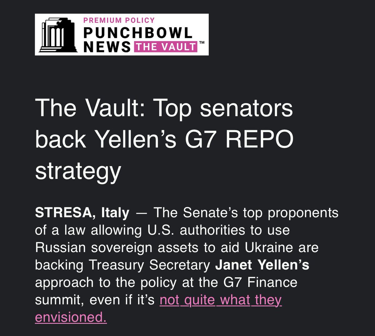 A transatlantic byline from @AndrewDesiderio and I in Punchbowl News AM: We talked to top foreign policy senators about Yellen's REPO Act strategy at the G7. For now, they're supportive. link.punchbowl.news/click/35458741…