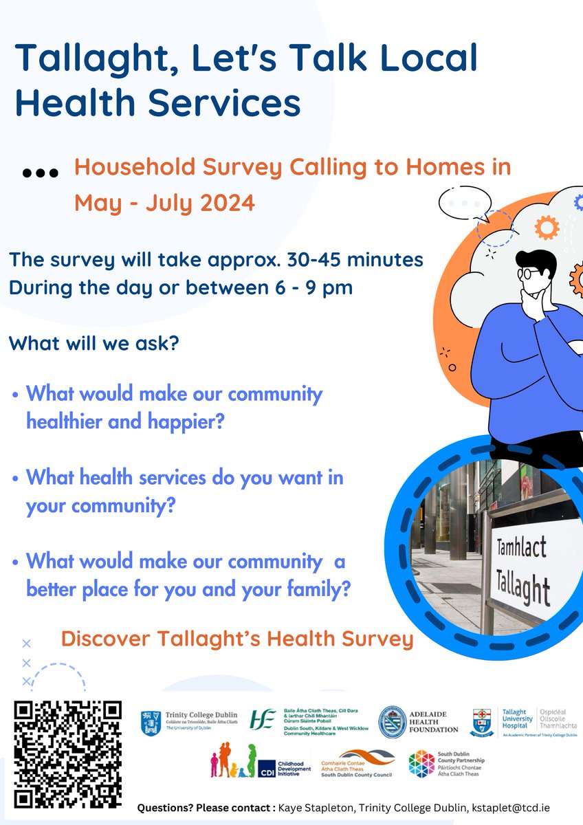 HSE Dublin South, Kildare & West Wicklow (@hsecho7) on Twitter photo Tallaght, Let’s Talk Local Health Service Households Survey Calling to Home in May-July 2024 between 6-9pm Scan QR code to Discover Tallaght’s Health Survey #TrinityResearch #HealthForTallaght #HANARound3 #TallaghtHealth #DSKWWCH
@DMHospitalGroup
@HW_DSKWW
<a href="/PublicHealthDM/">Department of Public Health-HSE Dublin & Midlands</a> Tallaght, Let’s Talk Local Health Service Households Survey Calling to Home in May-July 2024 between 6-9pm Scan QR code to Discover Tallaght’s Health Survey #TrinityResearch #HealthForTallaght #HANARound3 #TallaghtHealth #DSKWWCH
@DMHospitalGroup
@HW_DSKWW
<a href="/PublicHealthDM/">Department of Public Health-HSE Dublin & Midlands</a>