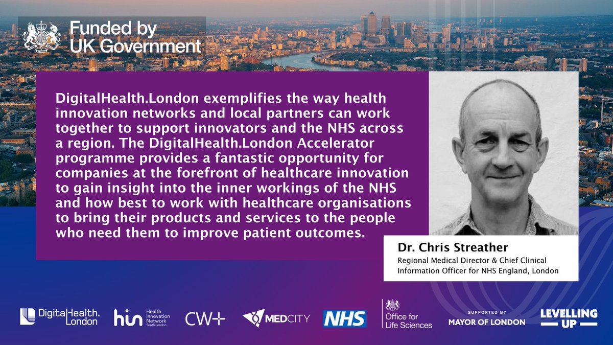 DHealthLDN's tweet photo. Dr. Chris Streather, Regional Medical Director and Chief Clinical Information Officer for @NHSEngland, #London, shares his thoughts on how the #DHLAccelerator benefits both the #NHS and #innovators.
Applications are now open for Cohort 8 - apply now:
https://t.co/aprQgjtFv4 https://t.co/SNJbdeDLyk