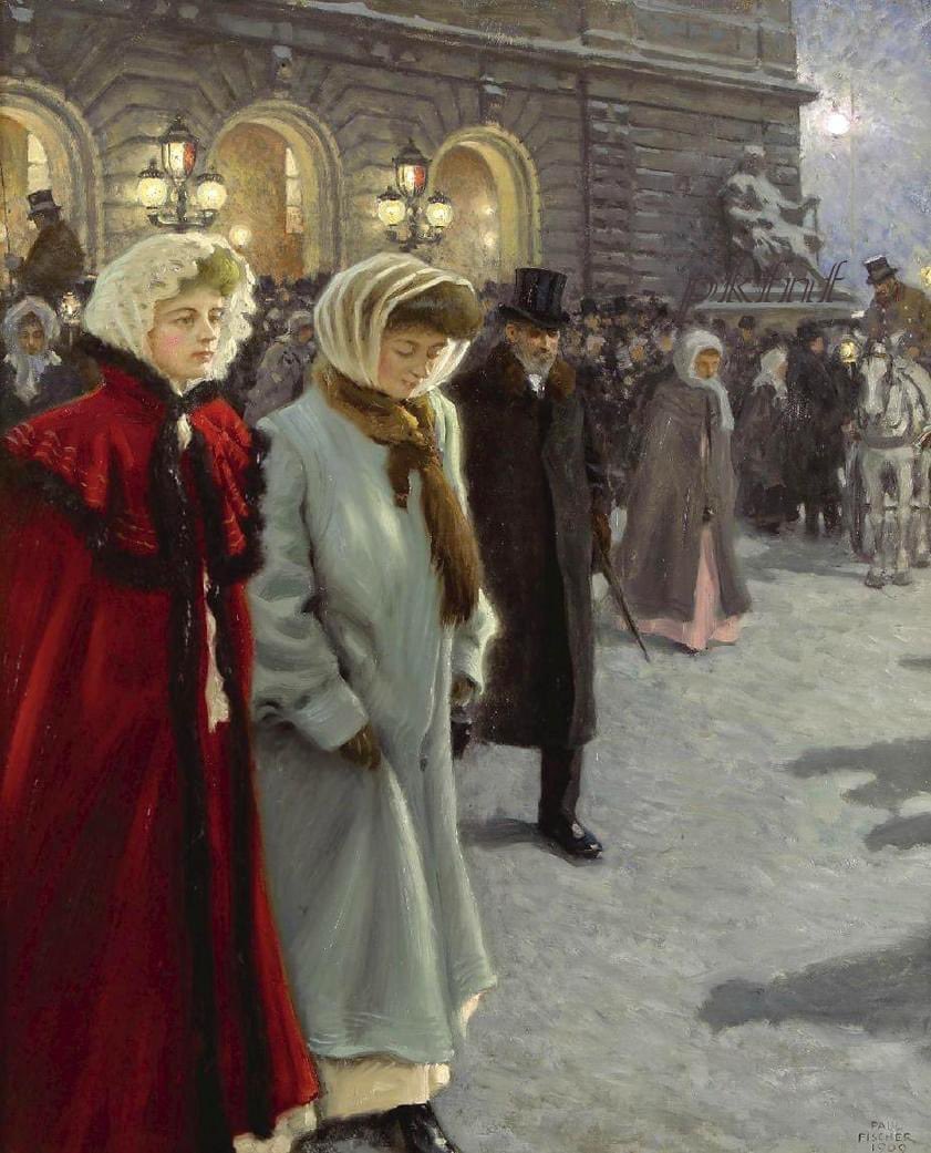 Paul Gustave Fischer (1860-1934) Danish artist 'After the show outside the Theater Regio' (1909) (private collection)