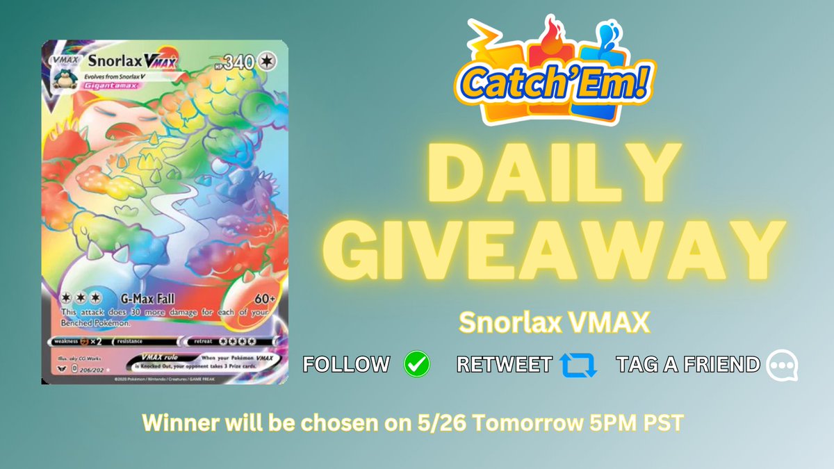 🩶 Daily Giveaway 🩶

Win a Snorlax VMAX 💤

Also, 3 people will win a 2,000 point coupon for our website! 🎉🎉🎉

To enter the draw:
🖤Follow 📲
🖤Repost 🔁
🖤Tag a friend 💬

Winner announced 5/26, TOMORROW‼️

Check out our site 👇👇👇
catchem.net/?utm_source=tw…