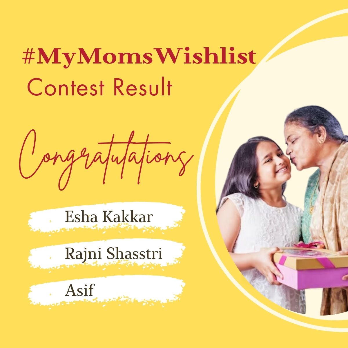 While there can only be a few winners, every entry warmed our hearts.💕

Congratulations to the winners of #MyMomsWishlist! Your heartfelt entries touched our hearts.

Winners, your gift cards are on the way! 💌
#WoohooContest #MothersDay #ContestResult #Winners #MyMomsWishlist #