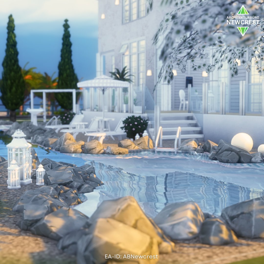 Wishing you a lovely day from the pool of my Modern Villa Tartosa build. 🌺🪻🤍 #TheSims4 #ShowUsYourBuilds