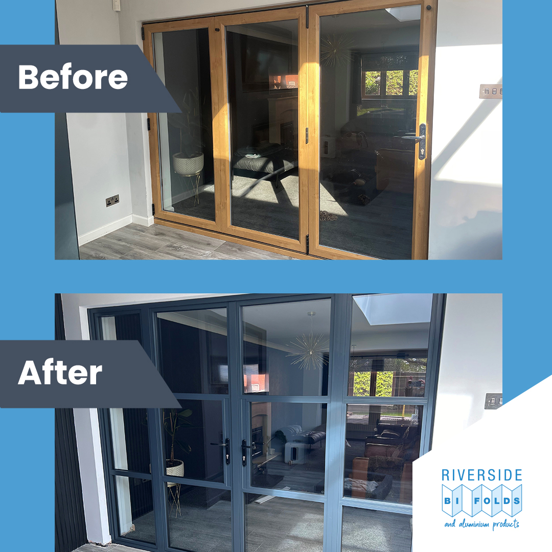 RiversideBifold's tweet photo. Wow, what a transformation!

Take a look at this transformation from an Irish Oak uPVC Bifold door to one of our NEW Anthracite Grey Heritage Doors with side panels.

Visit our showroom to explore the full range - https://t.co/Rg2xbhng1n https://t.co/iklMH8AUz0