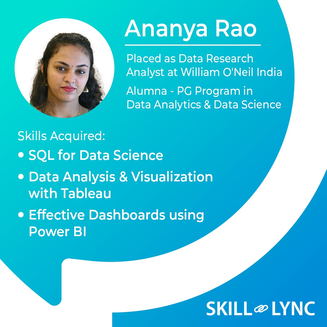 We are happy to announce that Ananya has been placed at Willian O'Neil India as their Data Research Analyst! Her work ethic makes her a dream candidate for this role.

#SkillLyncPlacementStories #IndustryReady#Upskill