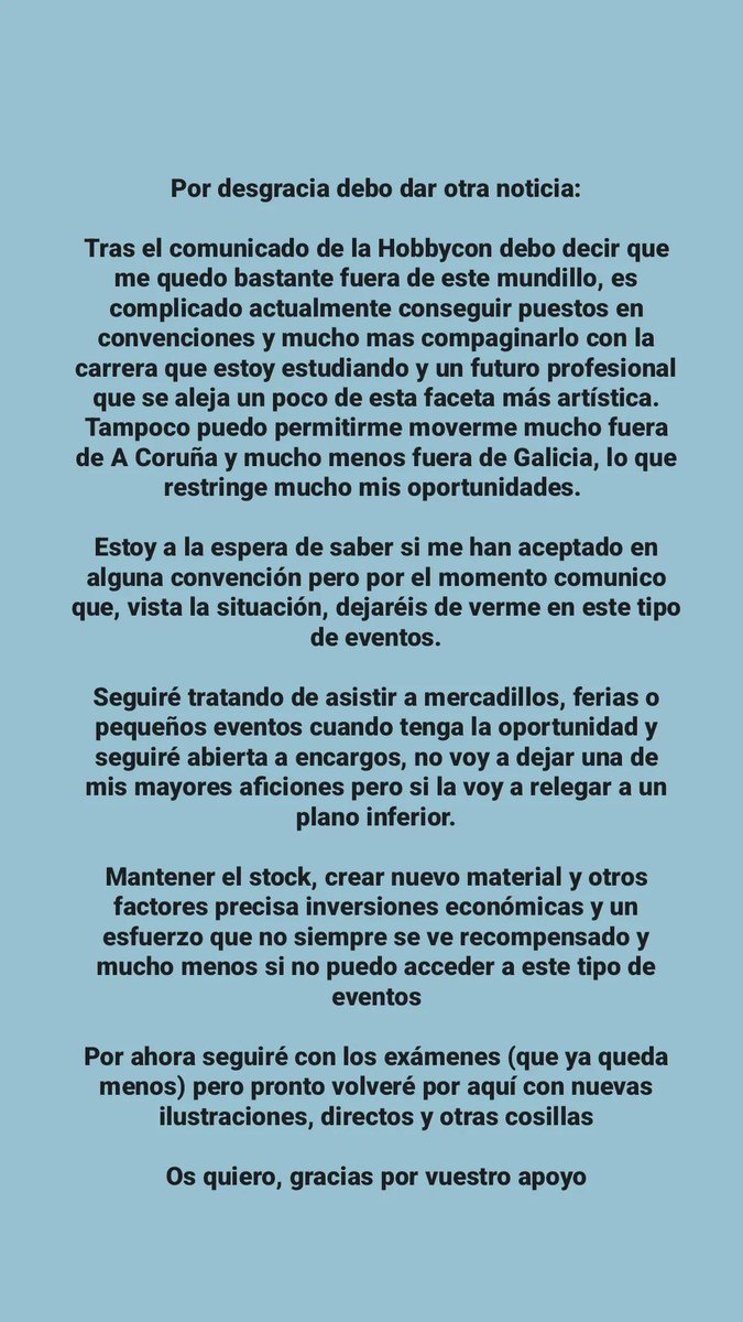 Os dejo por aqui un agradecimiento a <a href="/HobbyConGalicia/">HOBBYCON</a> y un comunicado sobre mi situación actual y futura como ilustradora.

Día triste...

Os quiero <3