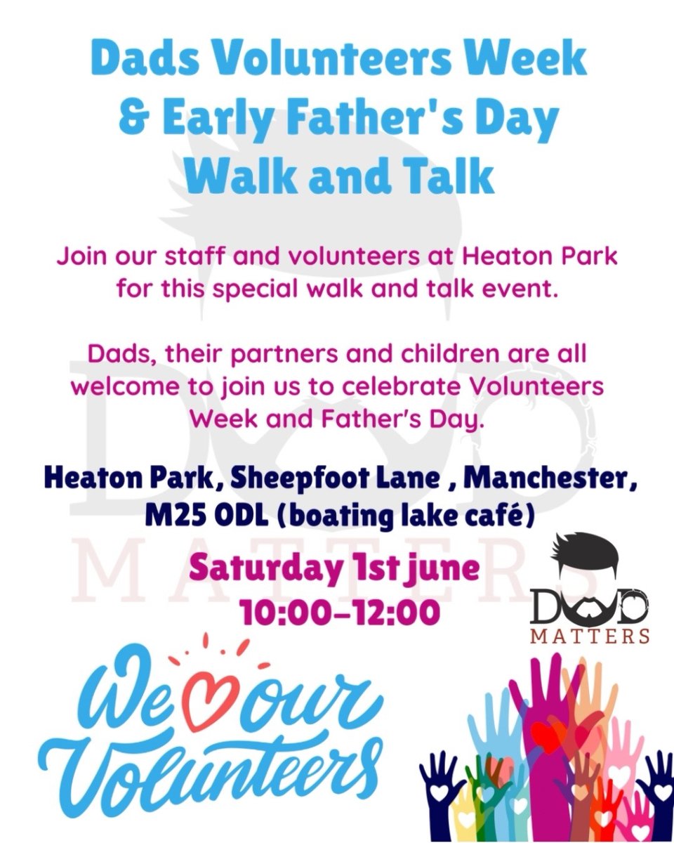 Join our staff and volunteers at Heaton Park for this special walk and talk event. Dads, their partners and children are all welcome to join us to celebrate Volunteers Week and Father's Day. Heaton Park. Sign up below (Instagram link in bio) i.mtr.cool/siremepqiy