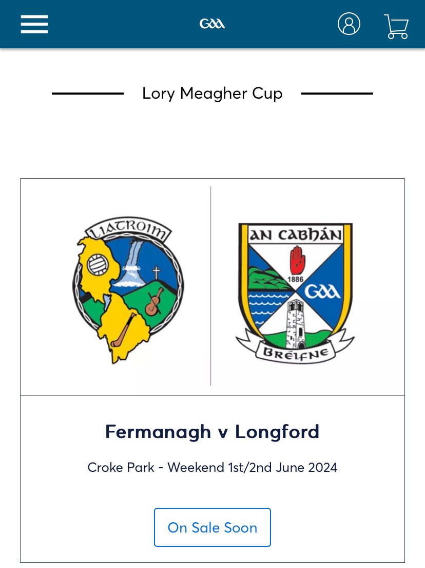 So I logged on to get tickets for the Lory Meagher Cup final and not only are they not for sale but the time/date are not confirmed yet.
Worse still the crests are Leitrim & Cavan even though the final is between @OfficialLDGAA and @FermanaghGAA 
Come on @officialgaa do better