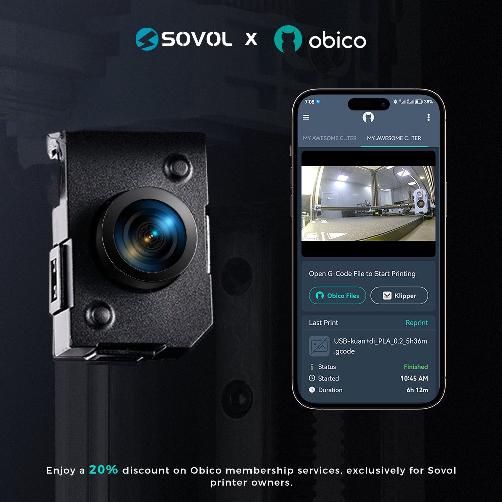 We are glad to be partnered with Obico to extend our user experience to another level.🥳🥰🤩 Now, if customers buy the SV08 printer Obico bundle on sovol3d.com, you could have a 20% discount on the Obico professional version. More on sovol3d.com/products/sovol…