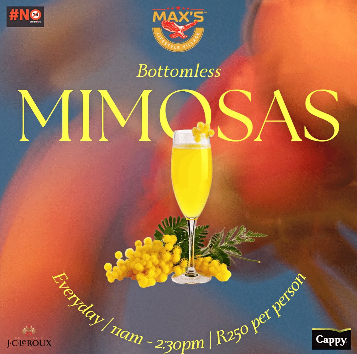 maxslifestyle1's tweet photo. Get our Bottomless Mimosas everyday from 11am to 2:30pm for just R250 per person, join us now for a special treat 🥂🍾🍊🧡 https://t.co/AiGSBpopLU