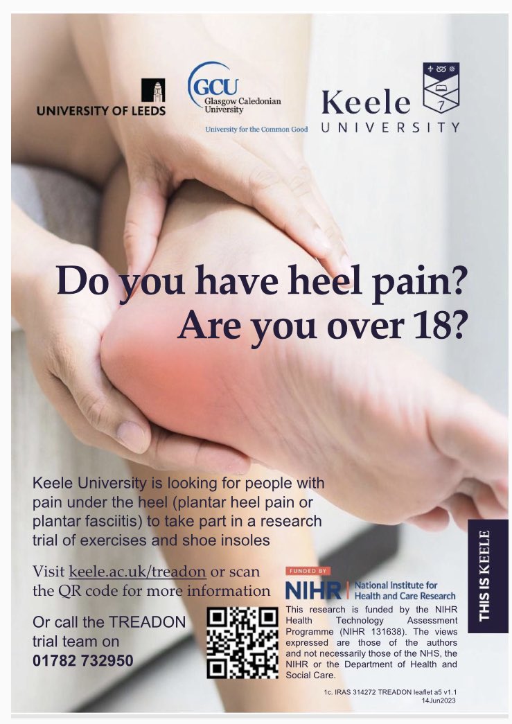 NHSGGC Podiatry (@nhsggcpodiatry) on Twitter photo NHS GG&C Podiatry is delighted to be involved in a trial with colleagues at <a href="/GCUPodiatry/">GCU Podiatry</a> and Keele University looking at the the management of plantar heel pain.
If you would like more information, please scan the QR code or phone the number in the poster below. NHS GG&C Podiatry is delighted to be involved in a trial with colleagues at <a href="/GCUPodiatry/">GCU Podiatry</a> and Keele University looking at the the management of plantar heel pain.
If you would like more information, please scan the QR code or phone the number in the poster below.