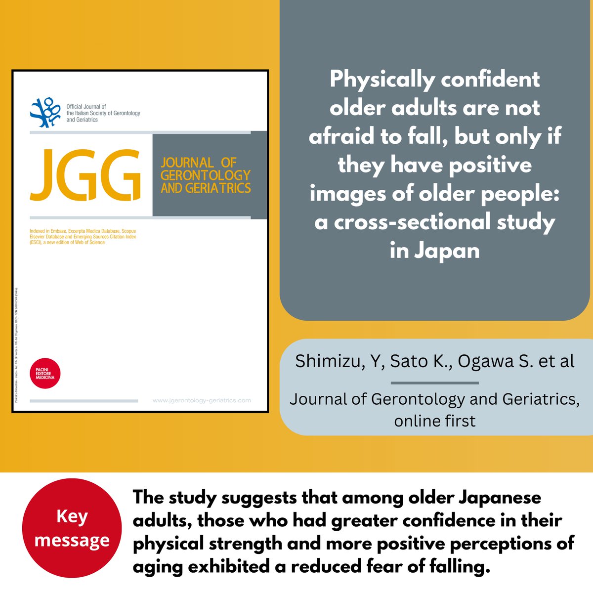 Società Italiana di Gerontologia e Geriatria (@gerisocita) on Twitter photo 🔍 #Highlights Older adults with greater confidence in their physical strength and positive views on aging are less likely to experience fear falling 
🔗 Read the full text in #JGG: jgerontology-geriatrics.com/article/view/6… @GeriSocIta 🔍 #Highlights Older adults with greater confidence in their physical strength and positive views on aging are less likely to experience fear falling 
🔗 Read the full text in #JGG: jgerontology-geriatrics.com/article/view/6… @GeriSocIta