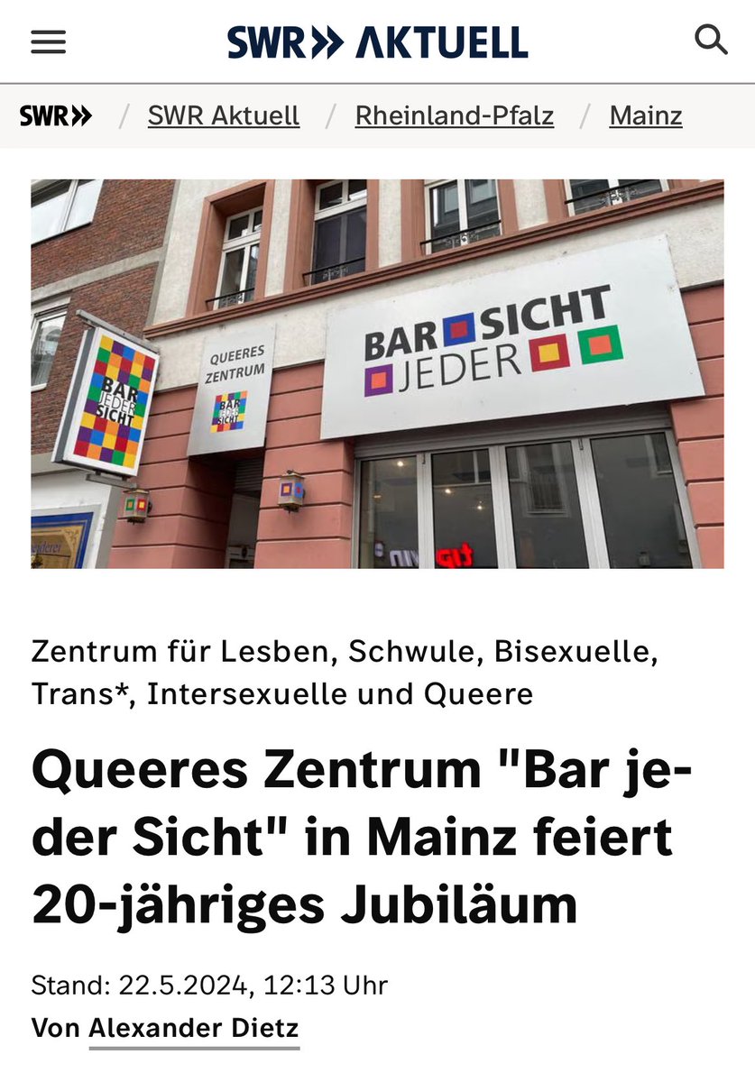 herzlichen glückwunsch an die bar jeder sicht - sehr wichtige mainzer anlaufstelle queerer menschen für begegnung, kultur, beratung, safe space #mainz #RLPuntermRegenbogen #LGBTIQ swr.de/swraktuell/rhe…