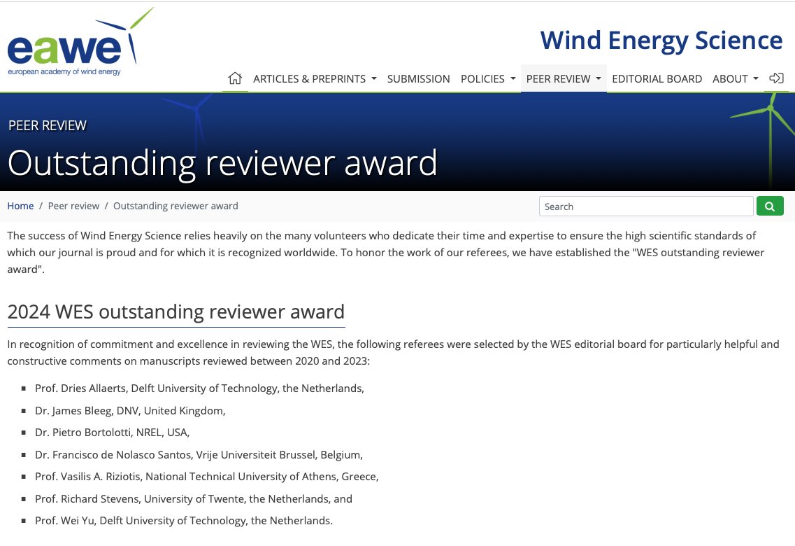 I am truly honored to be among the inaugural recipients of the #WindEnergyScience Outstanding Reviewer Award! This recognition from @eawe_eu is incredibly meaningful and underscores the vital role of #PeerReview in advancing #WindEnergy research 🌍💨 @PhDVoice @PostdocVoice