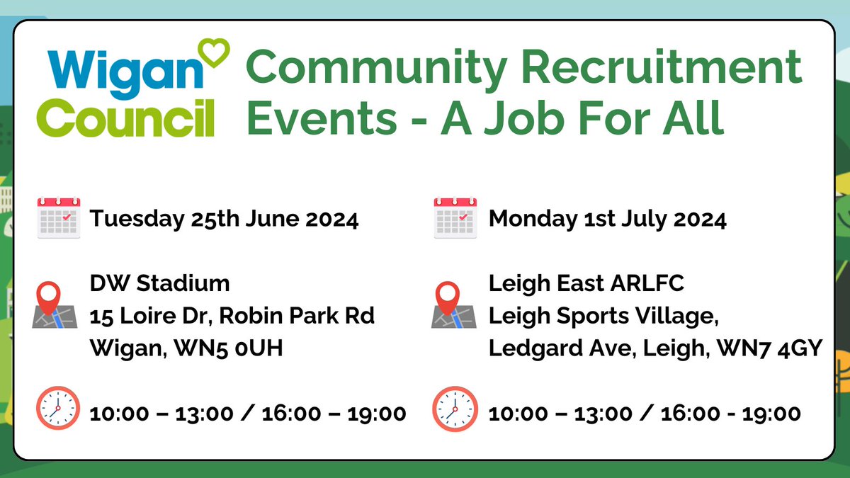 💚COMMUNITY RECRUITMENT EVENTS💚 Are you in #Wigan and looking for a career but not sure where to begin? Join @WiganCouncil at one of their community recruitment events to speak with their teams about the opportunities they have available in a relaxed and friendly environment.