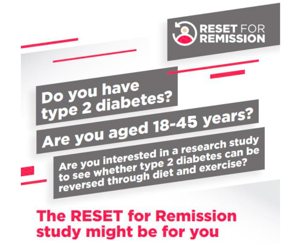 Are you 18-45 years old with #type2diabetes?
Are you interested in taking part in #research to see if #diet & #exercise can help reverse type 2 diabetes?

The RESET 4 Remission study may be for you!

Email the study team to learn more: mm636@le.ac.uk

#Type2DiabetesPreventionWeek