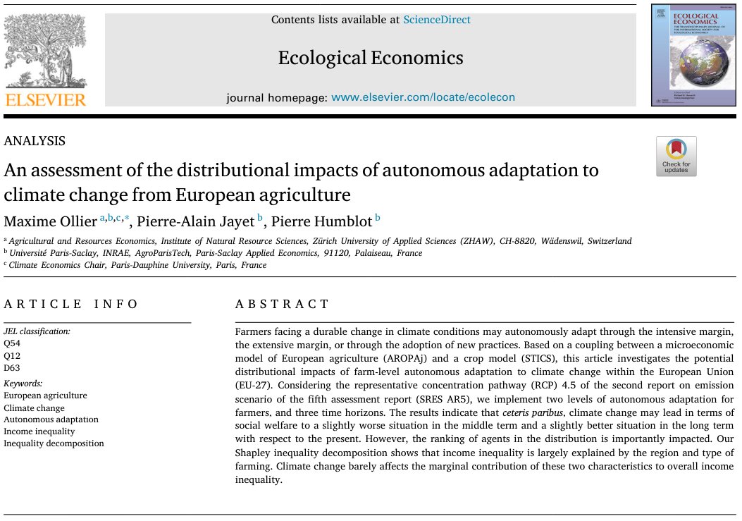 🔥 New publication alert🔥

Thrilled to see this one out in Ecological Economics!

🔸We investigate the distributional impacts of farmers' autonomous adaptation to climate change within Europe
🔸We assess the contribution of region and type of farming to income inequality

⬇️⬇️⬇️