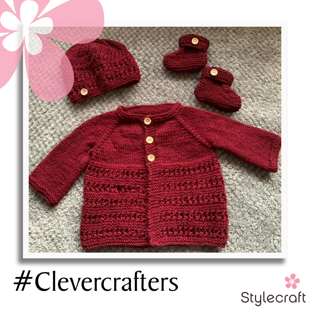 Michelle Gladwish knitted this baby cardigan in Special DK Claret. #clevercrafters