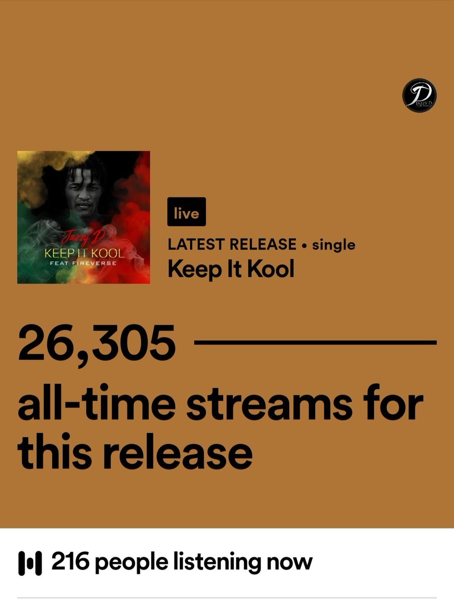 Wow! 4 Days live and we have hit 26,000 organic streams on Spotify.
Very humbled. Thank you to all the team <a href="/dvibesuk/">dvibesuk</a> <a href="/ReggaeTaste/">Reggae Tastemaker</a> @submitchoon <a href="/IRIE_FM/">IG: iriefmofficial</a> <a href="/Spotify/">Spotify</a> <a href="/fireverse_jm/">fireverse</a> <a href="/WillSawney/">WILL SAWNEY</a> @GrenadaMusic <a href="/ladymamalade/">Lady Mamalade</a> <a href="/JamaicaObserver/">Jamaica Observer</a> <a href="/dlove_radio/">Delicious Love Radio</a> #KeepItKool