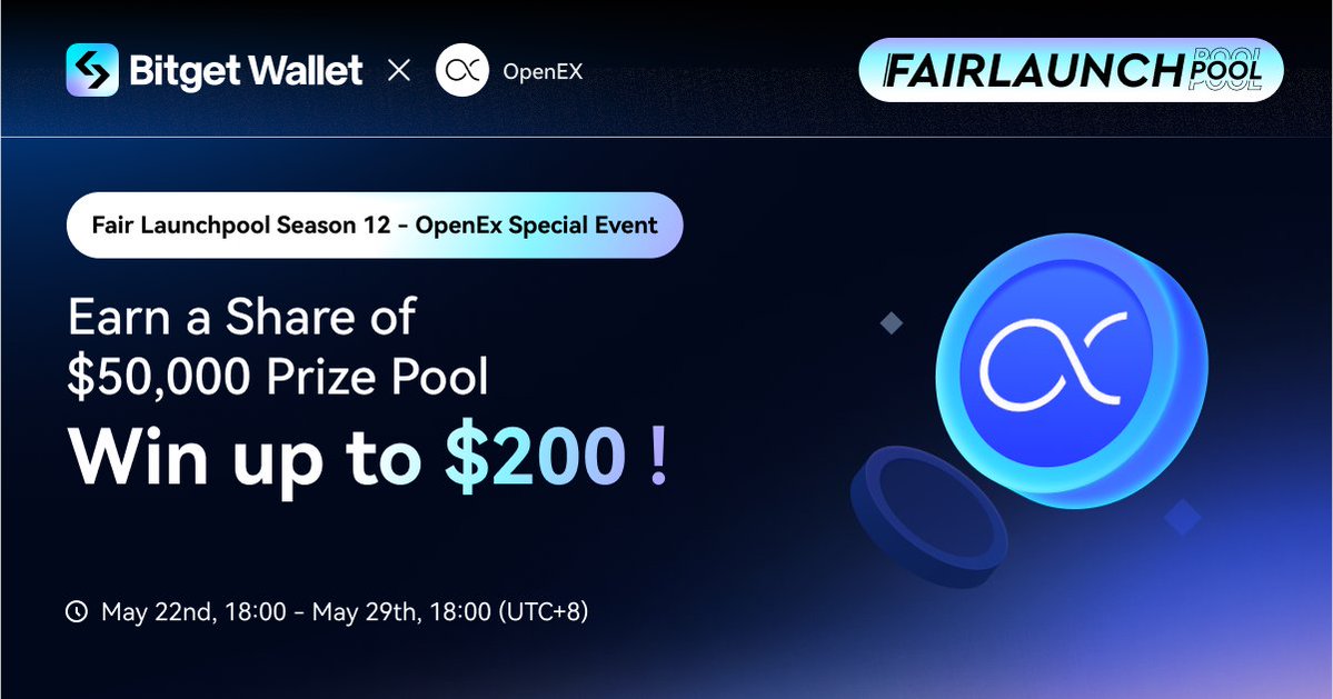 🏆Join us on the exciting #BGWFairLaunchpool Season 12!
🤩 Trade on #BitgetWallet, and earn airdrops up to $200. The event's $50,000 prize pool is sponsored by @openex_network

👉How to participate:
Go to the #BitgetWallet App -> Earning Center -> Fair Launchpool to find the
