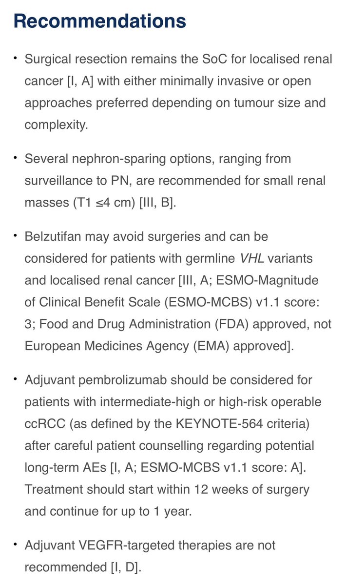 The @myESMO guidlines gives a stronger support (I,A) for adjuvant pembrolizumab in appropriate intermediate & high risk renal cancer due to +ve OS signal @DrChoueiri Belzutifan is also recommended in VHL germ line altered localised RCC @Annals_Oncology ow.ly/nZA050RP77l