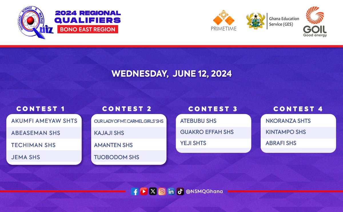 CONFIRMED: Get ready peopleee! The #NSMQRegionals is fast approaching! Take note of the contests lined up for Bono East Region scheduled for June 12, 2024. #NSMQ2024 #Primetime