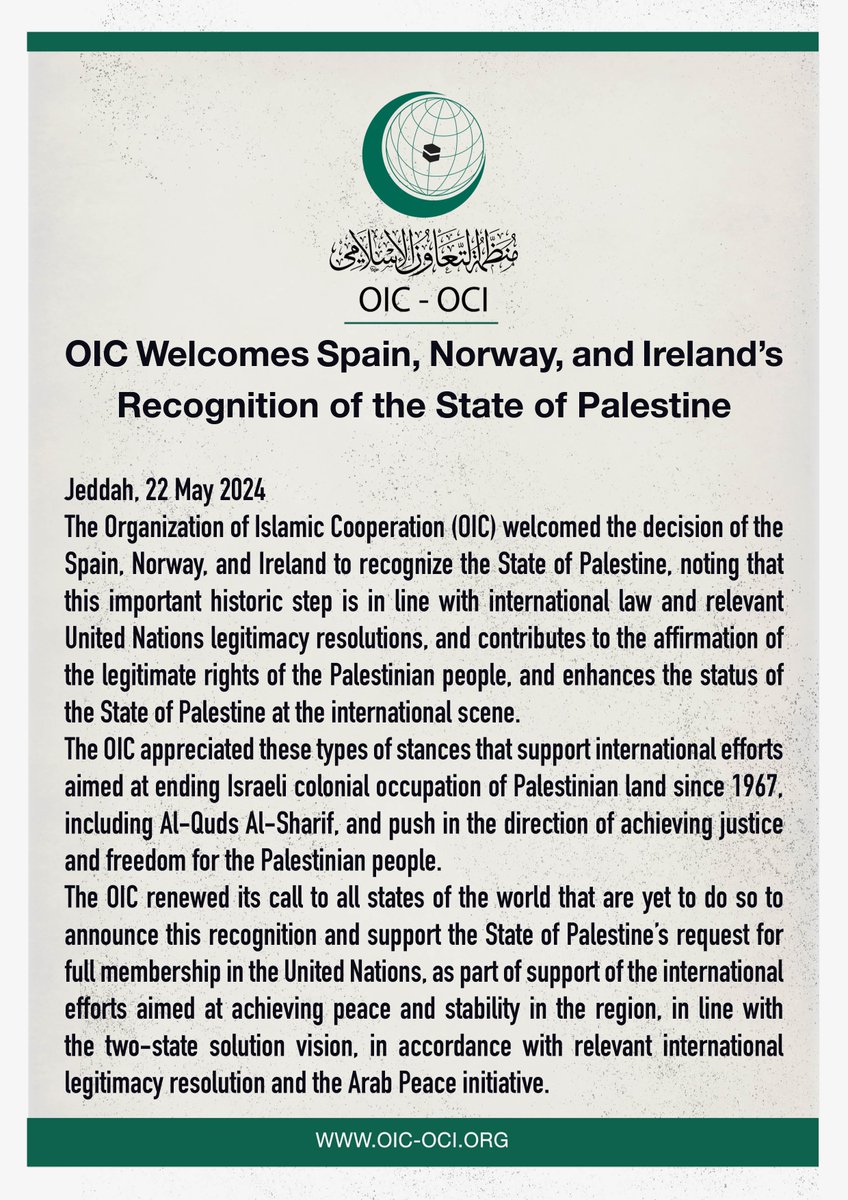 OIC Welcomes #Spain, #Norway, and #Ireland’s Recognition of the State of #Palestine: new.oic-oci.org/SitePages/News…